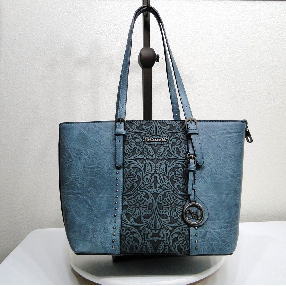 Montana West Teal Blue Tooled Floral Western Tote Bag Concealed Carry Purse